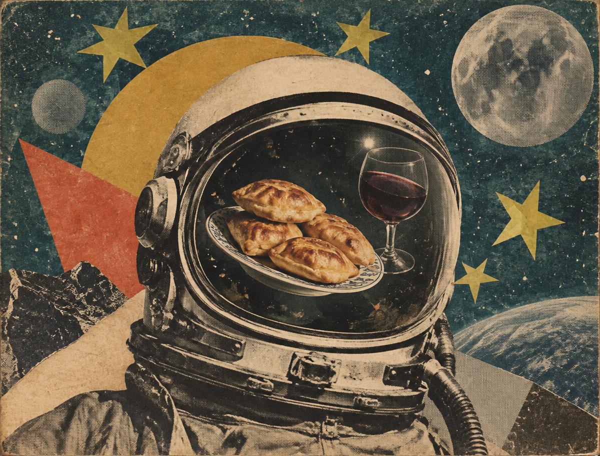 Colaj: cască de cosmonaut cu plăcinte și un pahar de vin, printre stele decupate